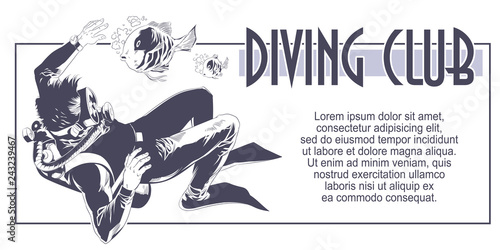 Scuba divers underwater. Stock illustration.