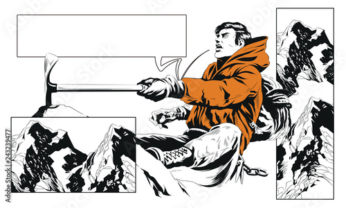 Climber in snowy mountains. Mountaineer.