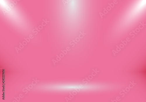 3D empty studio room show booth for designers with spotlight on pink gradient background for valentines day.