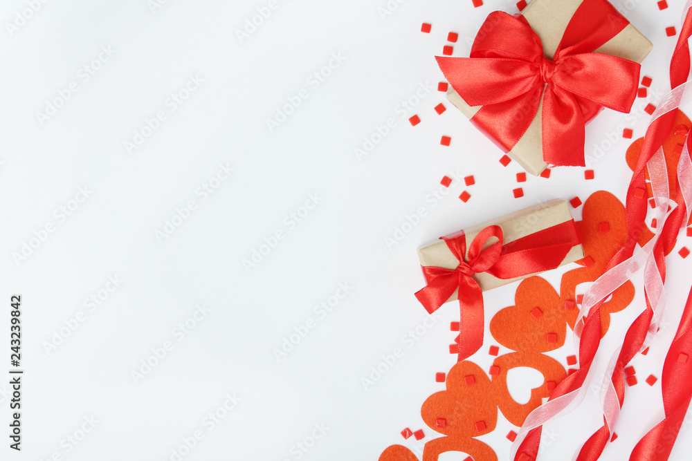 Background wit red ribbon and bright hearts for Valentine day decoration Background wit red ribbon and bright hearts for Valentine day decoration