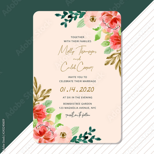 wedding invitation with romantic floral watercolor border