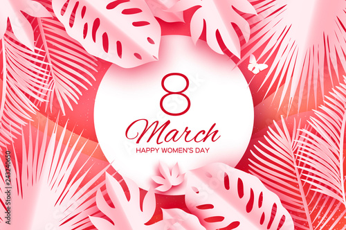 Tropical 8 March. Coral Womens day greeting card with paper cut leaves. Origami exotic flower bouquet. Text. Square frame. Spring Holidays. Happy Mothers Day.