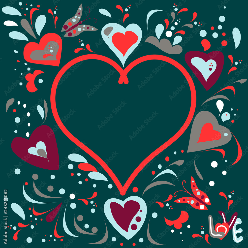 Romantic hand drawn illustration with place for text in center. Hearts, flowers, Valentine's Day decoration elements. Trendy colors and shades, dark background.