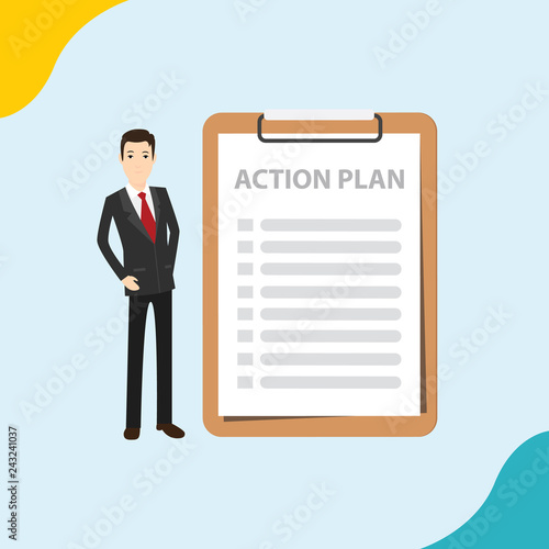 action plan businessmen with checklist to do on the paper list on the clipboard - vector