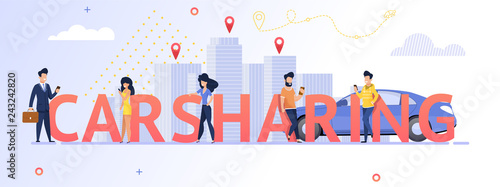 Illustration Group People Using Carsharing Service