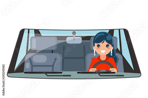 Female driver vehicle interior car wheel ride driving isolated flat design vector illustration