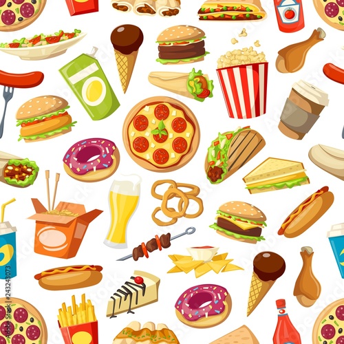 Seamless pattern of fast food meals