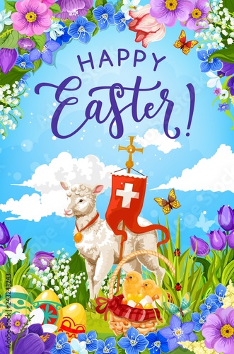 Easter eggs and chicks in basket with lamb of God