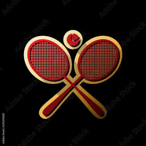 Two tennis racket with ball sign. Vector. Red icon with small bl
