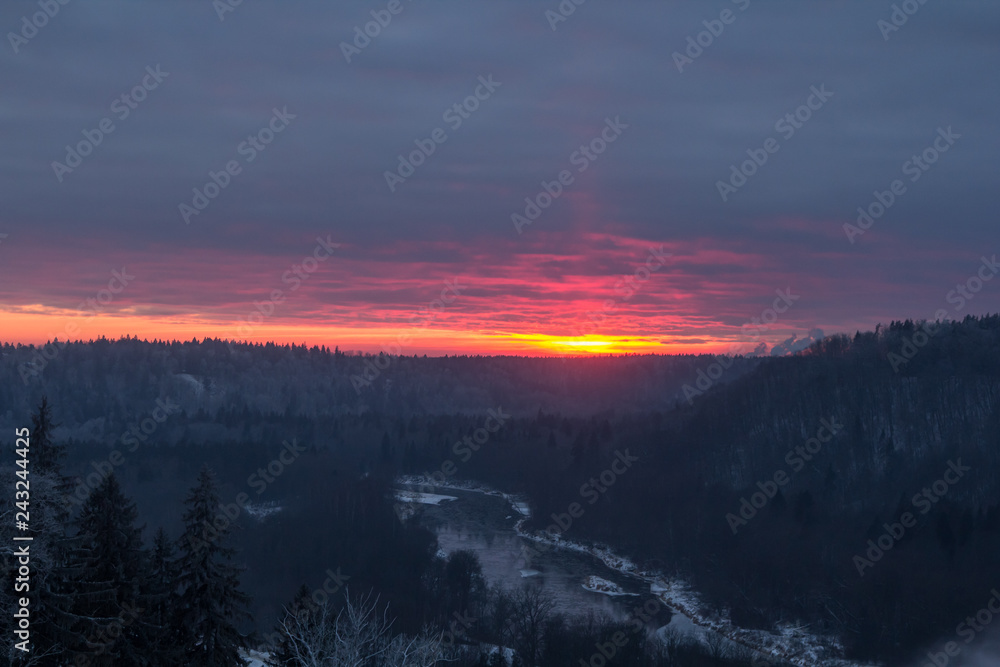 the valley of the river Gauja in winter in the sunset, nature