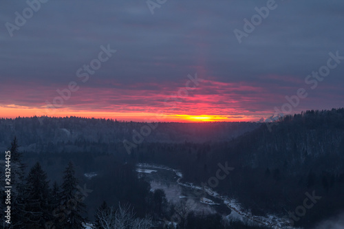 the valley of the river Gauja in winter in the sunset, nature