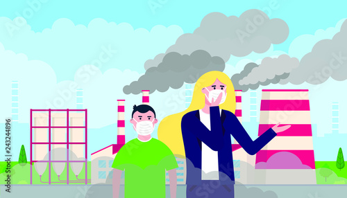 Confused woman and kid in masks against smog. Fine dust, air pollution, industrial smog protection concept flat style design vector illustration. Industrial factory pipes with huge clouds of smoke.