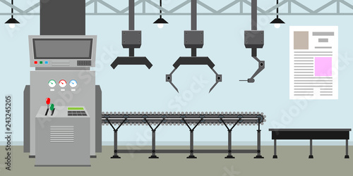 Empty Conveyor belt system with robot hands for mass production. Factory inside or interior with flat color style. Vector illustration.