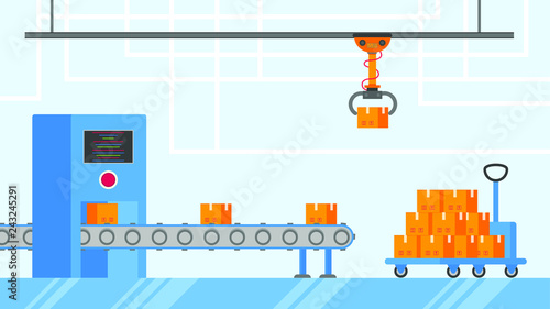 Smart industry 4.0 and technology assembly line flat style design vector illustration concept. Production conveyor belt with factory production line with robot arms, cardboard boxes and automated line