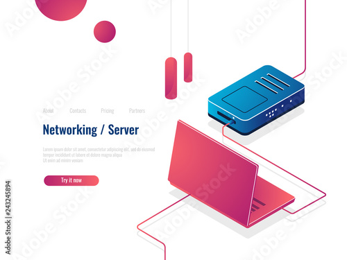 Laptop connected to the Internet via router isometric icon, networking concept, server room data exchange vector