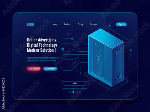 Data flow, information exchange process, server room isometric icon, data center, database, incoming binary cable, cloud storage concept dark neon vector
