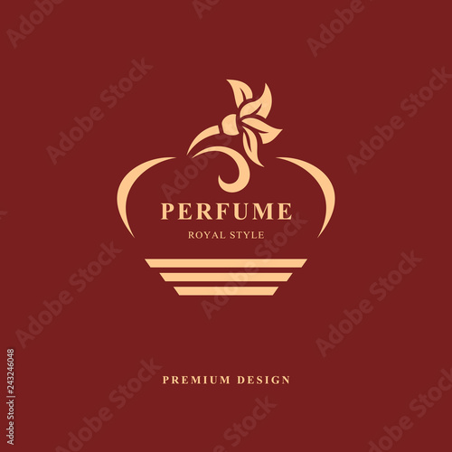 Design of Bottle perfume. Monogram flower elements, graceful template. Calligraphic elegant line art logo design. Emblem sign for Perfume packaging, aroma, Boutique, Jewelry. Vector illustration