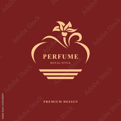 Design of Bottle perfume. Monogram flower elements, graceful template. Calligraphic elegant line art logo design. Emblem sign for Perfume packaging, aroma, Boutique, Jewelry. Vector illustration