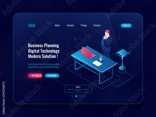 Business planning concept, businessman stay and think brainstorm process, workflow in office, laptop table man dark neon