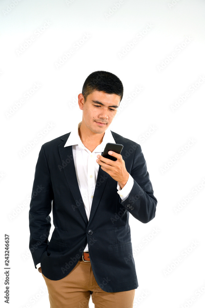 MEN BUSINESS WITH MOBILE PHONE OR CREDIT CARD IN WHITE BLACKGROUND MEN BUSINESS WITH MOBILE PHONE OR CREDIT CARD IN WHITE BLACKGROUND
