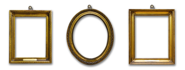Set of three vintage golden baroque wooden frames on  isolated background
