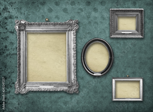 Set of wooden vintage silver baroque frames for museum exhibition