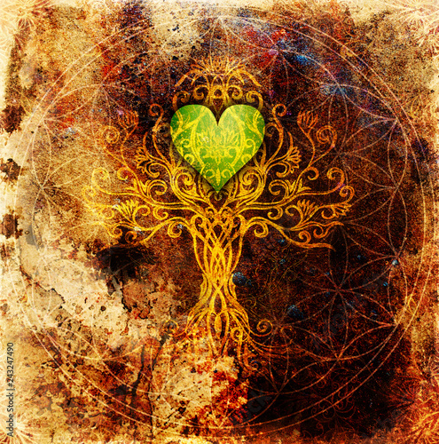 tree of life symbol on structured ornamental background with heart shape, flower of life pattern, yggdrasil. photo