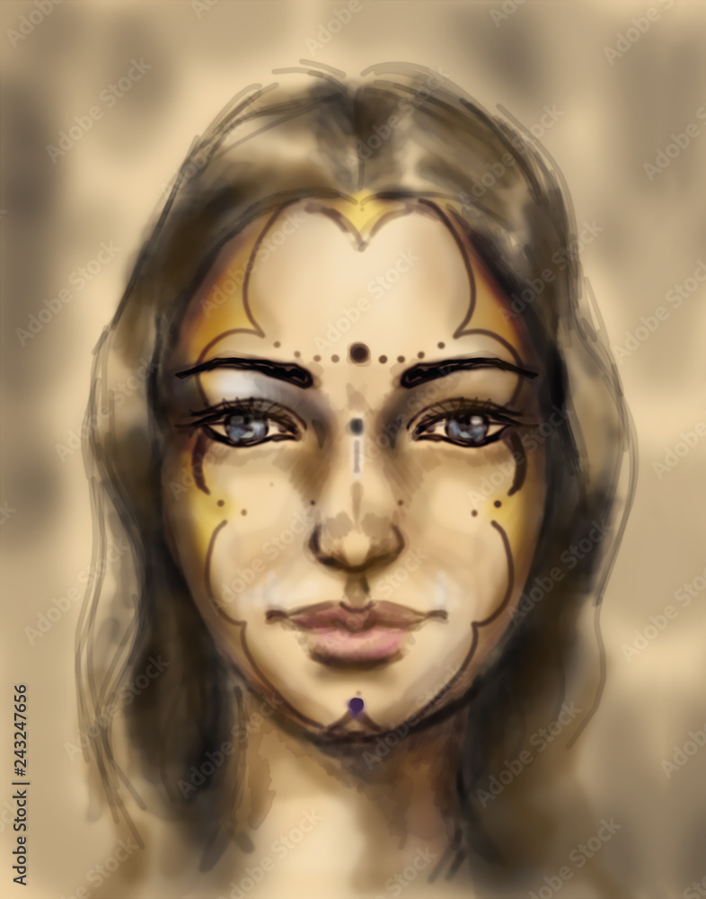 mystical sacred goddess, young woman face, computer drawing.