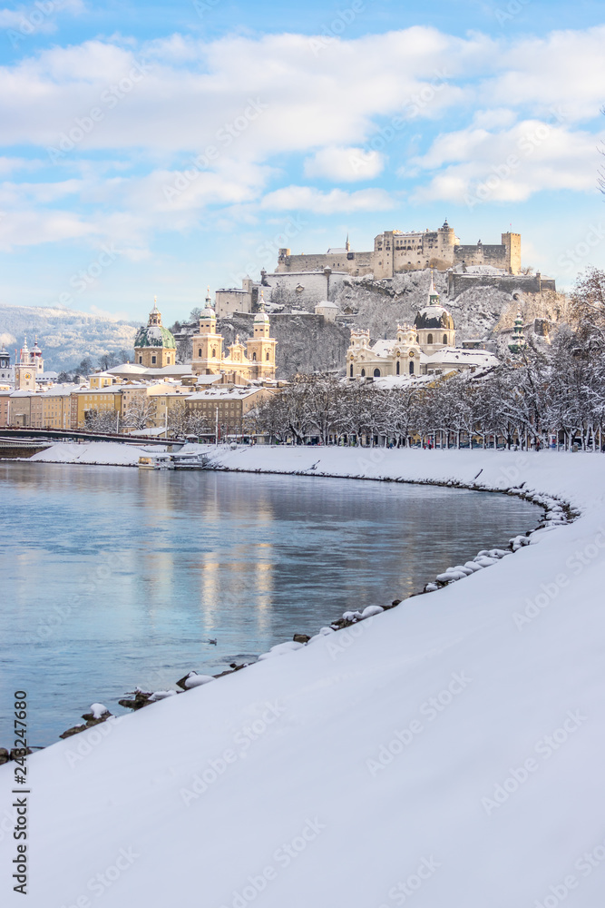 Panorama of Salzburg in winter: Snowy historical center, sunshine Panorama of Salzburg in winter: Snowy historical center, sunshine
