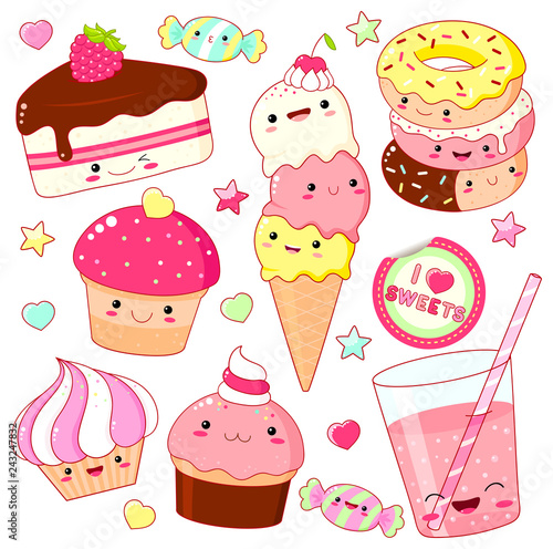 Set of cute sweet icons in kawaii style