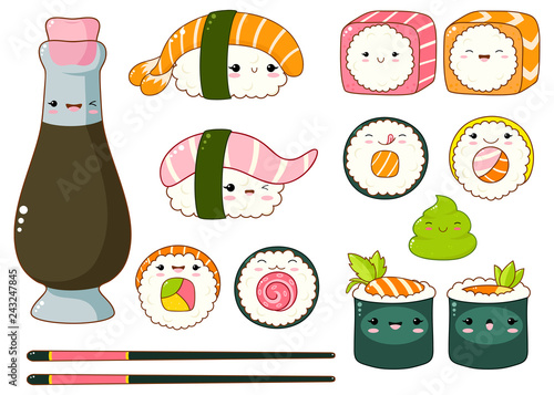 Set of cute sushi and rolls icons in kawaii style