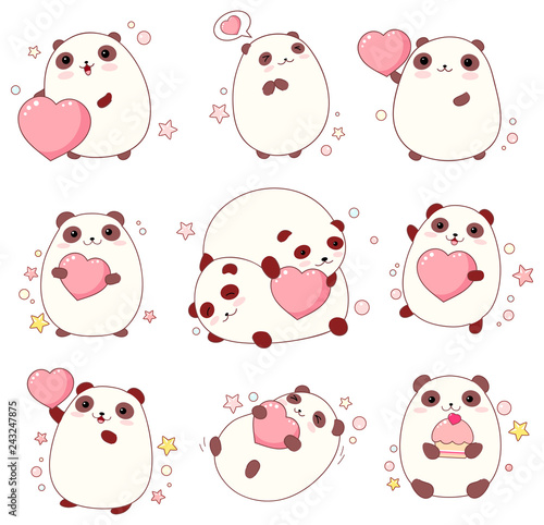 Set of cute pandas in kawaii style