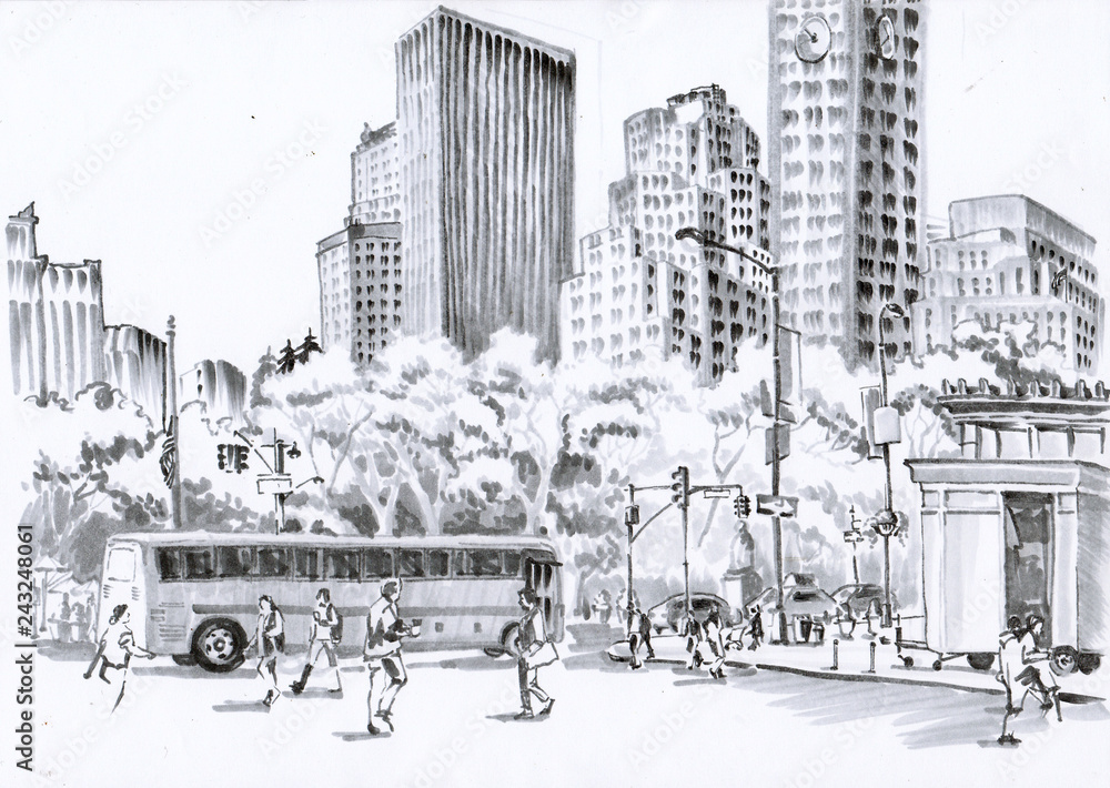 NY. Road with pedestrians. Urban sketch with gray markers.