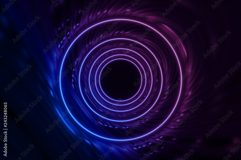 Round tunnel with reflective walls and neon circle illumination 3D Illustration Round tunnel with reflective walls and neon circle illumination 3D Illustration