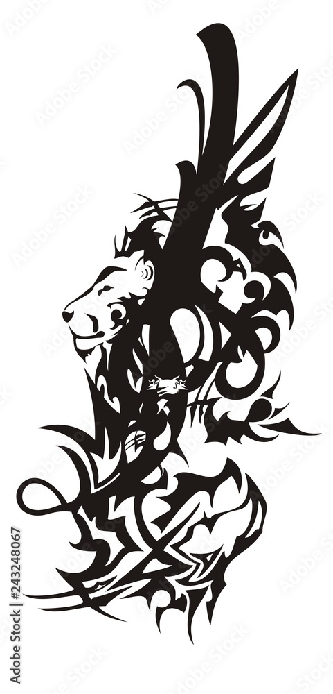 Tribal lion and dragon head symbol with feathers. Flaming black double symbol formed by the head of a lion and the aggressive head of a dragon with an eagle wing Tribal lion and dragon head symbol with feathers. Flaming black double symbol formed by the head of a lion and the aggressive head of a dragon with an eagle wing