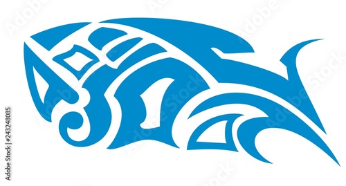 Vector blue fish symbol in tribal style. Fish as a decorative element on a white background for your design  for a tattoo  an emblem  etc.