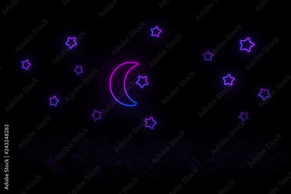 Silhouettes of small village houses with pitched roofs illuminated by neon moon and stars 3D illustration