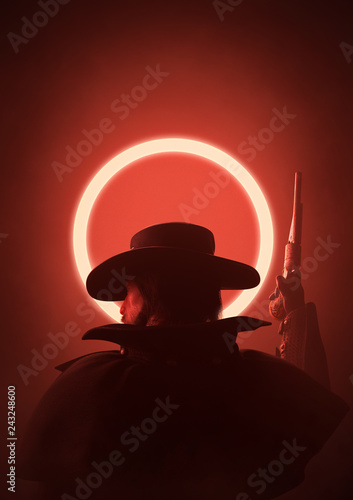 Silhouette of cowboy with a raised weapon in his hand. Red background with glowing circle. Abstract illustration of a sunset in the Wild West. Creative cover design for the western world. 3D rendering