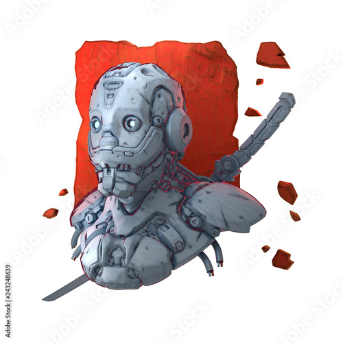 Cyborg with katana on his back. Orange metal with shattered pieces. Postapocalypse. Cyborg samurai. Futuristic soldier concept. Robot with artificial intelligence. 3D rendering on white background. photo