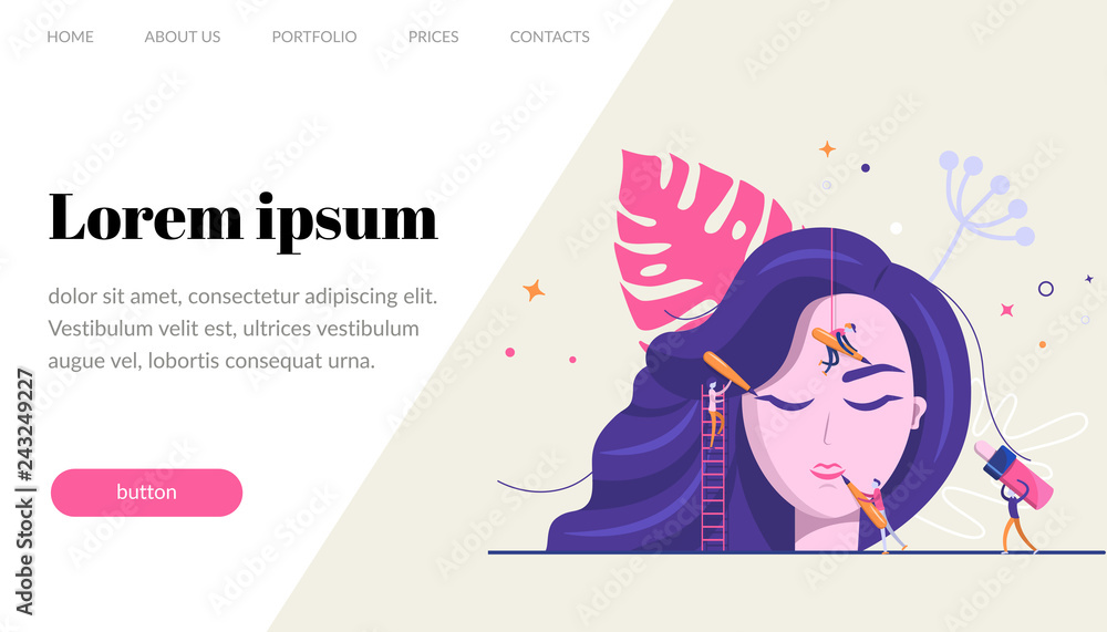 Permanent makeup. The scene with the big head of the girl and the little people are the masters who do the tattoo. Vector flat illustration, website template, banner. Permanent makeup. The scene with the big head of the girl and the little people are the masters who do the tattoo. Vector flat illustration, website template, banner.