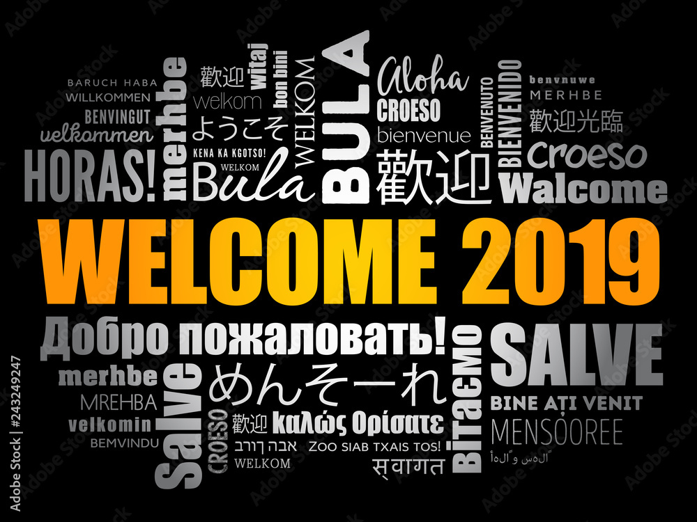 WELCOME 2019 word cloud in different languages, conceptual background