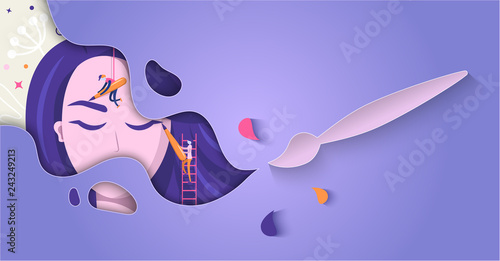 Permanent makeup. The scene with the big head of the girl and the little people are the masters who do the tattoo. Vector flat illustration with layers cut out of paper.