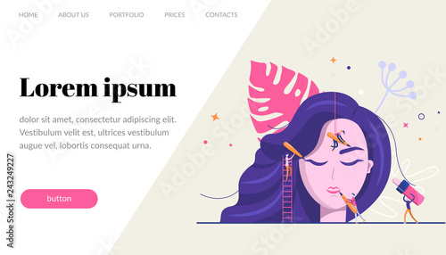 Permanent makeup. The scene with the big head of the girl and the little people are the masters who do the tattoo. Vector flat illustration, website template, banner.