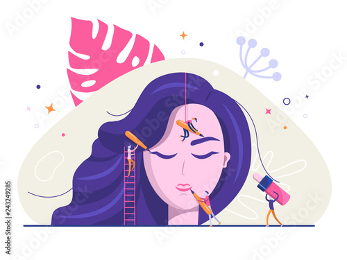 Permanent makeup. The scene with the big head of the girl and the little people are the masters who do the tattoo. Vector flat illustration.