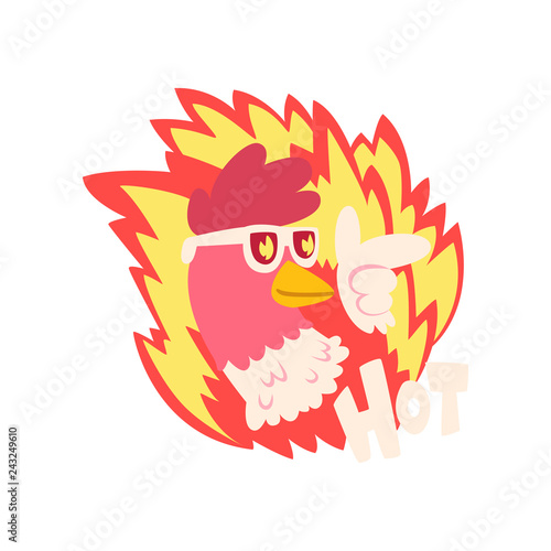 Hot spicy fire chicken wearing cool sunglasses, creative logo design element vector Illustration