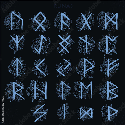 Set of Old Norse Scandinavian runes. Rune alphabet. 
