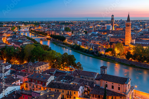 Beautiful sunset aerial view of Verona. Venero region in italy. Verona sunset cityscape.