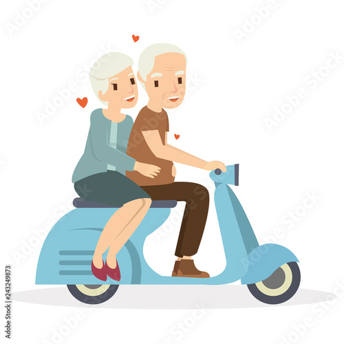 Happy old couple riding a scooter in valentine day