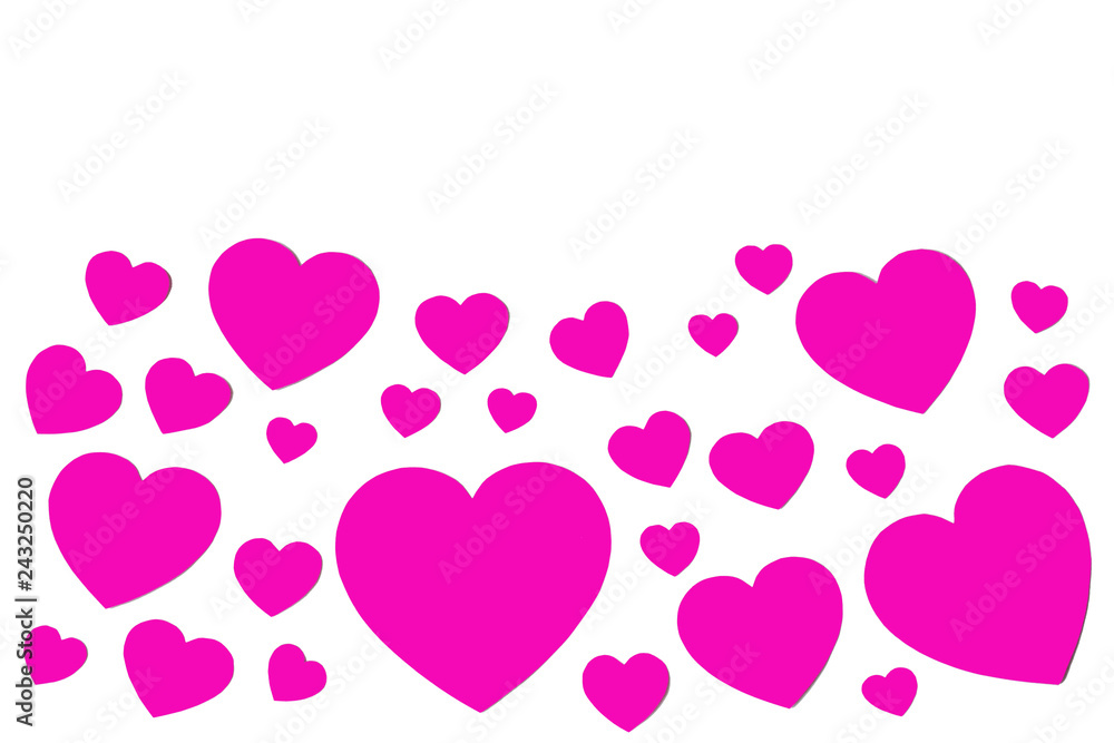 Many pink paper hearts in form of decorative frame on white background with copy space. Symbol of love and Valentine's day.