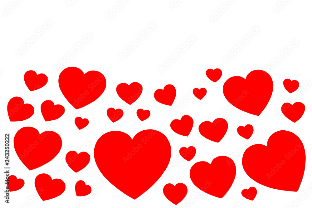 Many red paper hearts in form of decorative frame on white background with copy space. Symbol of love and Valentine's day.